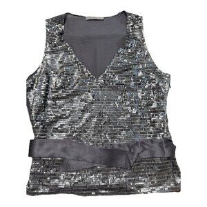 WRAP Evening Blouse Sequin Silver Gray Satin Sash Belt Size Medium Disco